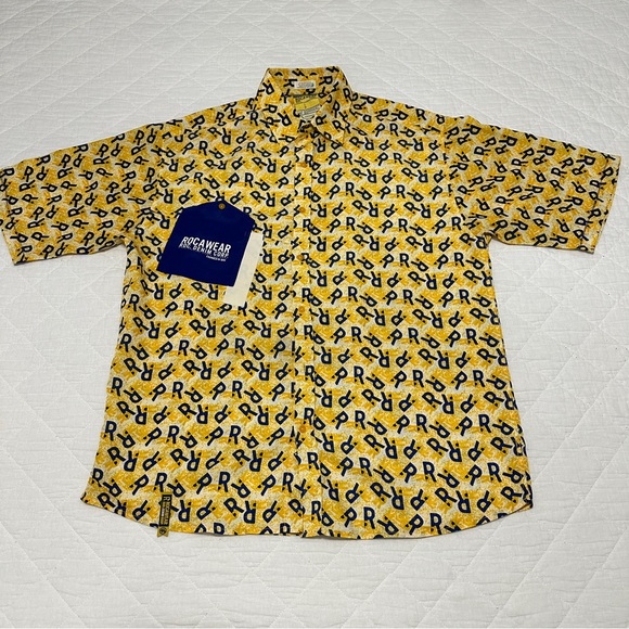 Vintage Rocawear 3XL Button Up Shirt All Over Print Y2K Hip Hop Yellow Blue - Picture 1 of 6